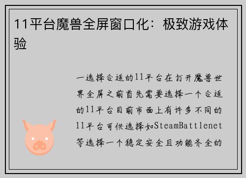 11平台魔兽全屏窗口化：极致游戏体验