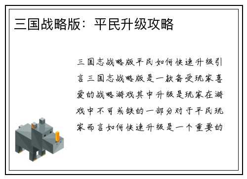 三国战略版：平民升级攻略